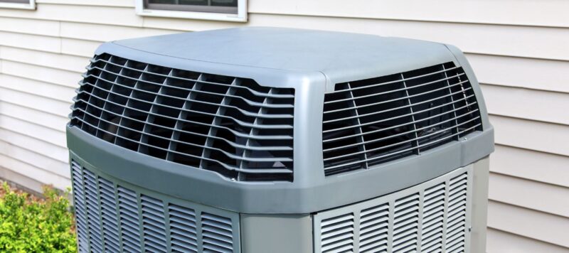 the top of a silver outdoor AC unit installed next to a Fort Worth home