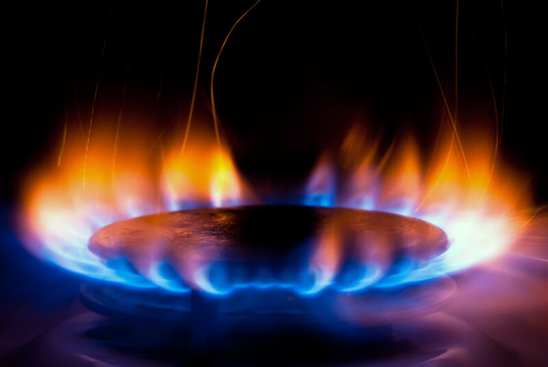 close up of Natural gas flame inside of a furnace heater